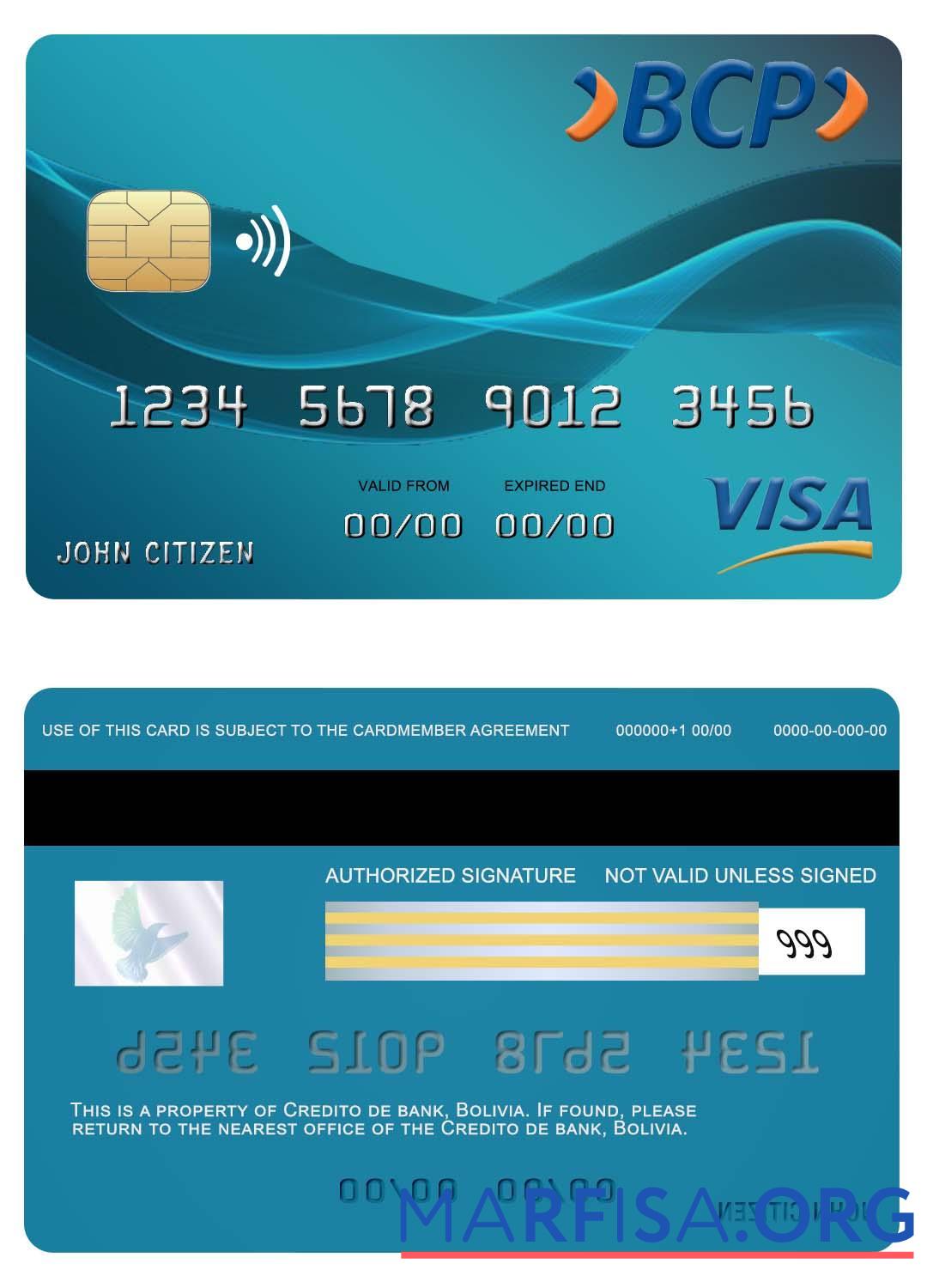 Realistic Bolovia Credito bank visa card sample